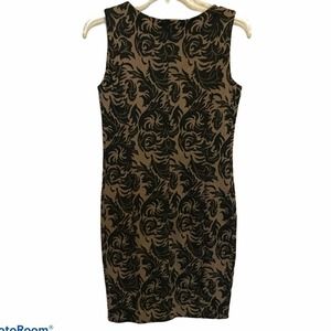 Womens Shift Dress Size 4 IVY Beau Black Tan Print Round Neck Sleeveless Zipper